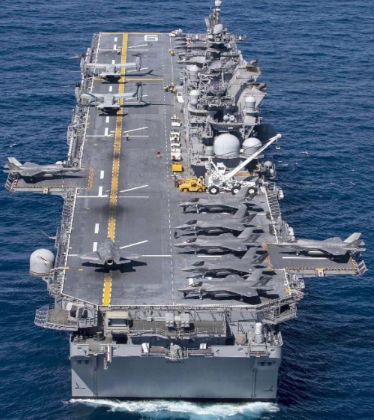 <ol><li><p>Visual ID: Self-explanatory</p></li><li><p>Missions: V/STOL and Rotary Wing Aircraft or support LCAC ops</p></li><li><p>Crew: 1108 crew (104 officers) + 1894 embarked troops</p></li></ol><p></p>
