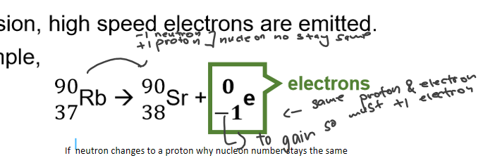 <p>one neutron change to proton<br>(gain electron- another element-check how to write in one note)is -1</p>