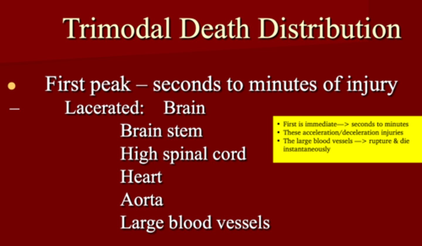 <p>1. seconds to minutes of injury </p><p>2. Brain, brainstem, high spinal cord, aorta large blood vessels </p><p>(death is instantaneously) </p>