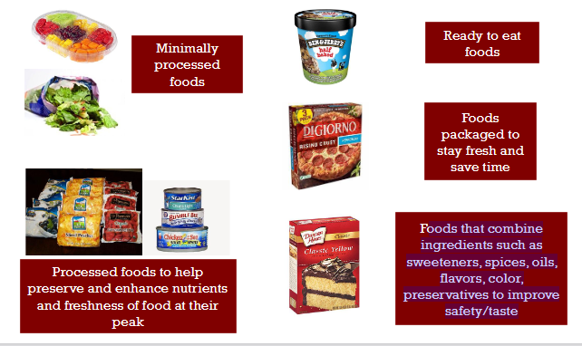 <ul><li><p>Minimally processed foods: <strong>fruits and vegetables</strong></p></li><li><p><strong>Processed foods</strong> to help preserve and enhance nutrients and freshness of food at their peak<strong>(butter and dried fruits)</strong></p></li><li><p><strong>Ready to eat foods(ice cream)</strong></p></li><li><p>Food<strong> packaged to stay fresh and save time(digiorno pizza)</strong></p></li><li><p>Foods that <strong>combine ingredients such as sweeteners, spices, oils, flavors, color, preservatives to improve safety/taste(cake)</strong></p></li></ul><p></p>