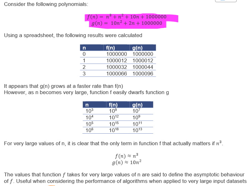 <p>idea that as <strong>amount of data changes, difference</strong> <strong>between two algorithms increases</strong> </p><p></p><p>in mathsy terms: behaviour of function <em>f(n)</em> for very large values of <em>n</em></p>