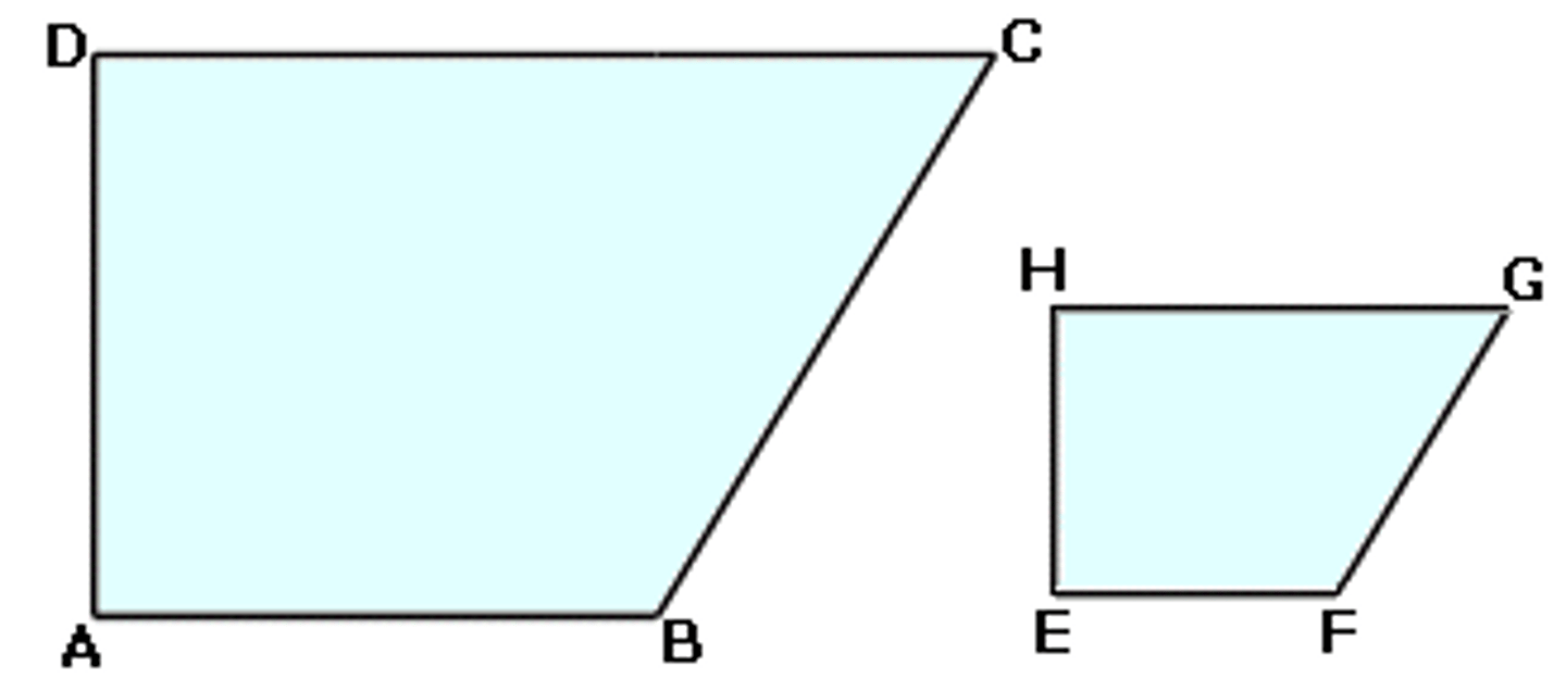 <p>Geometric figures that have the same shape, but not necessarily the same size</p>