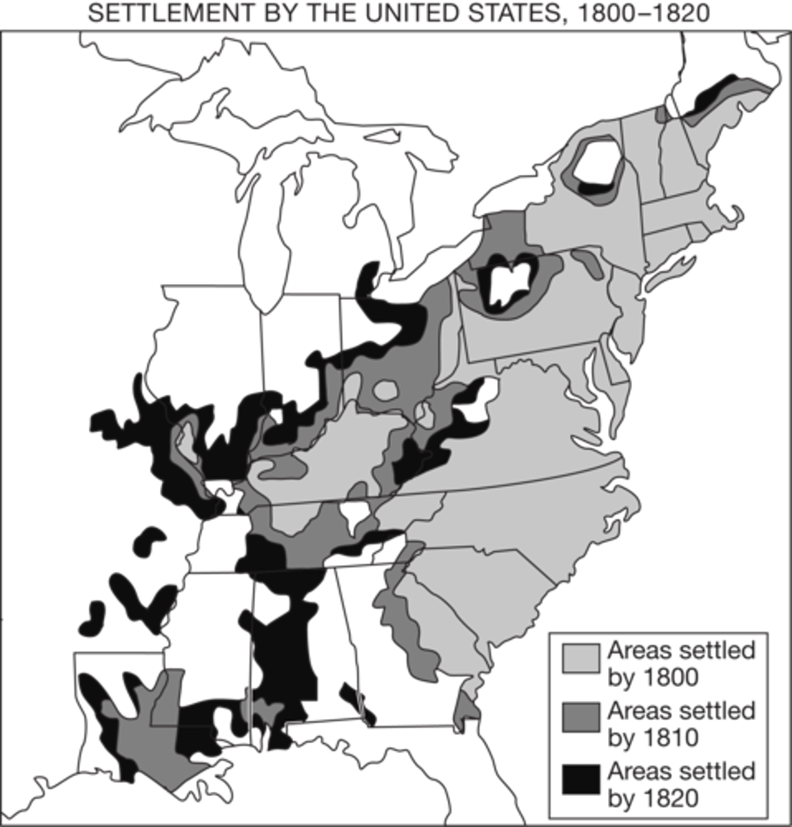 <p>Which of the following most likely accounts for the limits of United States settlement in portions of North Carolina and Georgia depicted on the map?</p><p>A. Tobacco and sugarcane crops failed to thrive in those areas.</p><p>B. American Indians maintained sovereign control over those regions.</p><p>C. The Northwest Ordinance prohibited slavery in those regions.</p><p>D. The lands were set aside for American Indian reservations.</p>