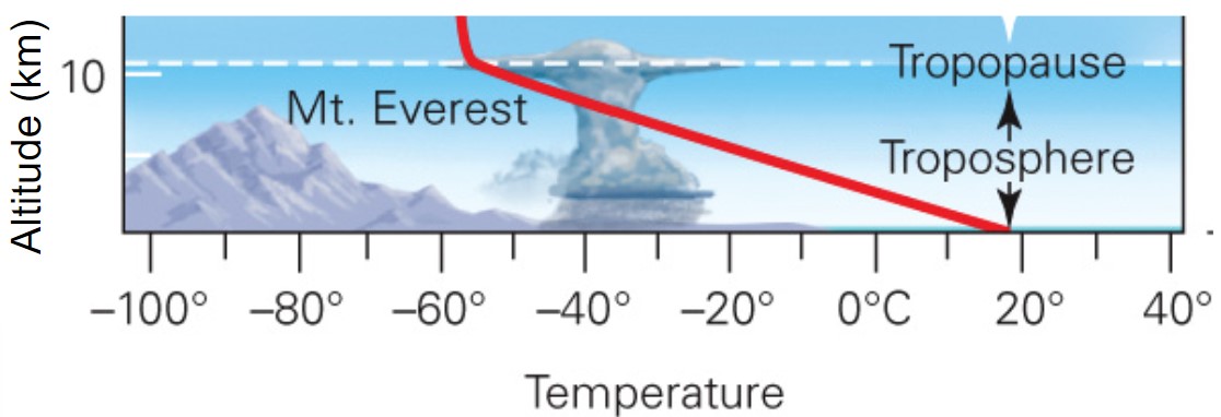 <ul><li><p>the change of temperature w/ altitude ~6.5ºC/km</p></li><li><p>troposphere temperature decreases w/ increasing altitude</p></li></ul>
