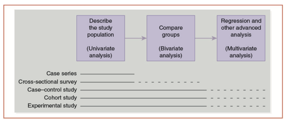 Univariate analysis 
Bivariate analysis 
Multivariate analysis 