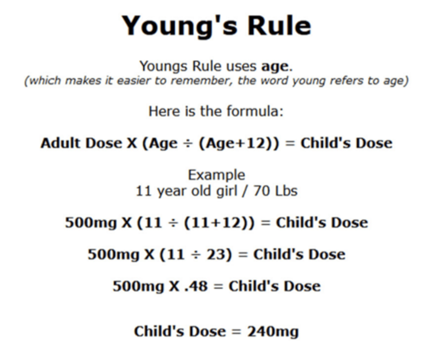 <p>uses age</p><p>Adult dose x (Age/(Age + 12)) = Child's dose</p>