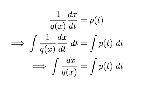 <p>A first-order ordinary differential equation is separable if it can be written in the form dx/dt = p(t)q(x)</p><p>We can solve separable equations directly by integration, as shown in the image.</p>
