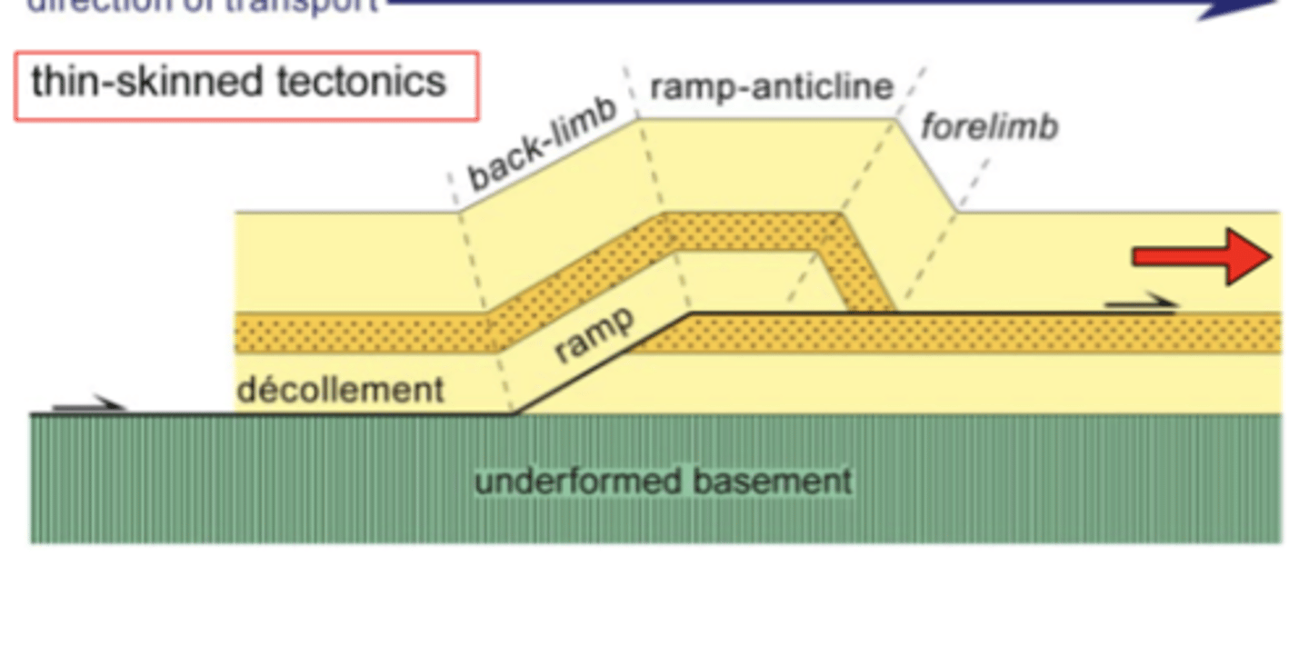 <p>A kind of deformation in which the basement rocks are largely unaffected and the overlying "skin" of weaker sedimentary rocks breaks into multiple-thrust faults.</p>