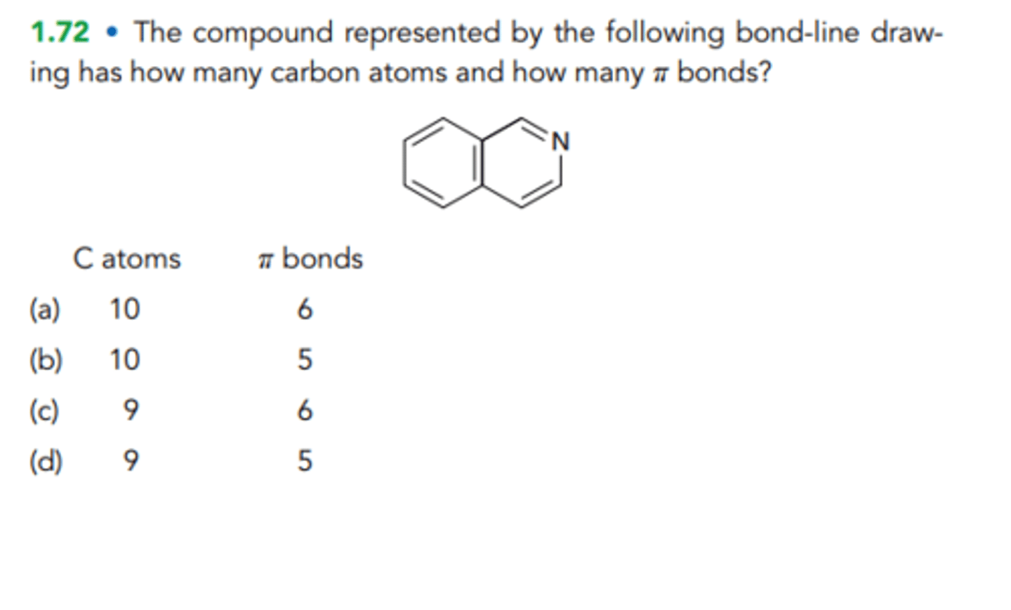 <p>The compound represented by the following bond-line drawing has how many carbon atoms and how many π bonds?</p><p>C atoms</p><p>π bonds</p><p>(a)</p><p>10 6</p><p>(b)</p><p>10 5</p><p>(c)</p><p>9 6</p><p>(d)</p><p>9 5</p>
