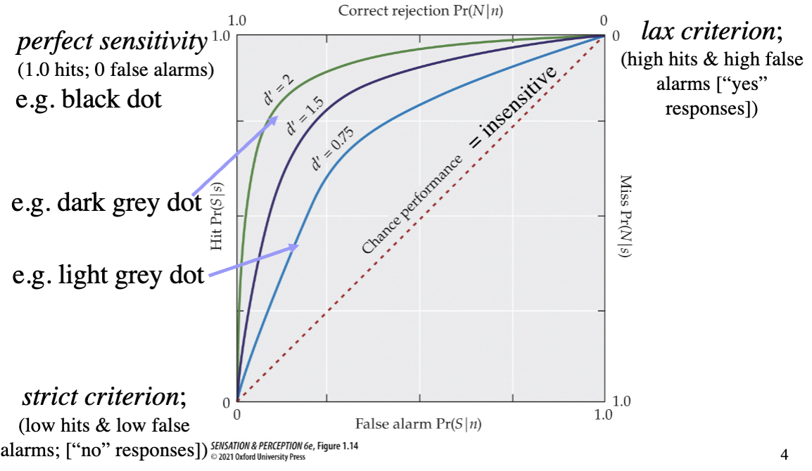 <p>used to compare performance of two+ tests - curves show a different level of decline/sensitivity - different levels of criterion indicated</p><ul><li><p>d’ is lower with lighter stimulus</p></li></ul><p></p>