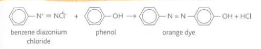 <p>They react to form an orange dye via a coupling reaction and the orange azo dye is kept below 10 degrees Celsius to prevent decomposition</p>