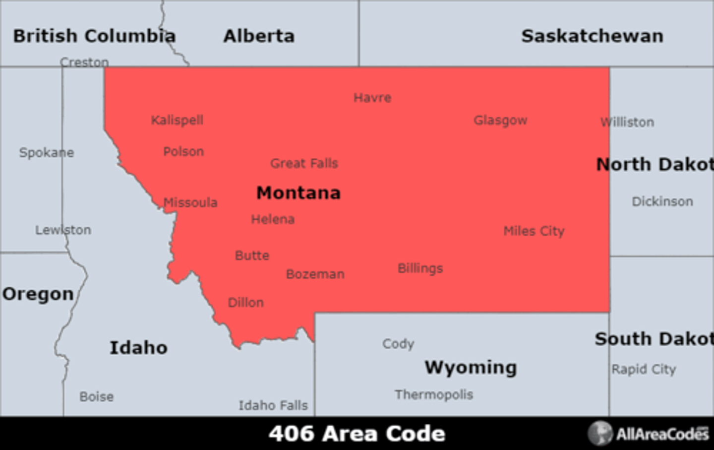 <p>Area code 406 covers the entire state of Montana. It is the only area code that serves the area.</p>
