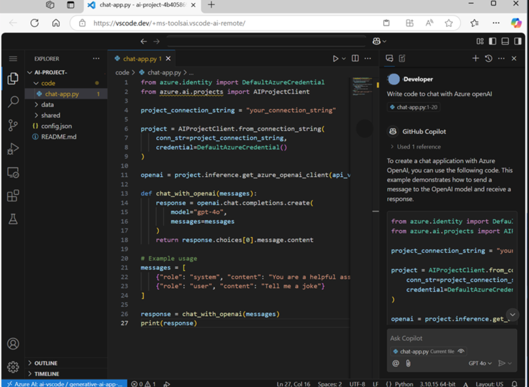 <ul><li><p><span>As an alternative to installing and configuring your own development environment, within Azure AI Foundry portal,</span></p><ul><li><p><span>you can <strong>create compute</strong> and use it to <strong>host a container image for VS Code </strong>(installed locally or as a hosted web application in a browser). </span></p></li><li><p><span>The benefit of using the container image is that <strong>it includes the latest versions of the SDK packages you're most likely to work with</strong> when building AI applications with Azure AI Foundry.</span></p></li></ul></li></ul><p></p>