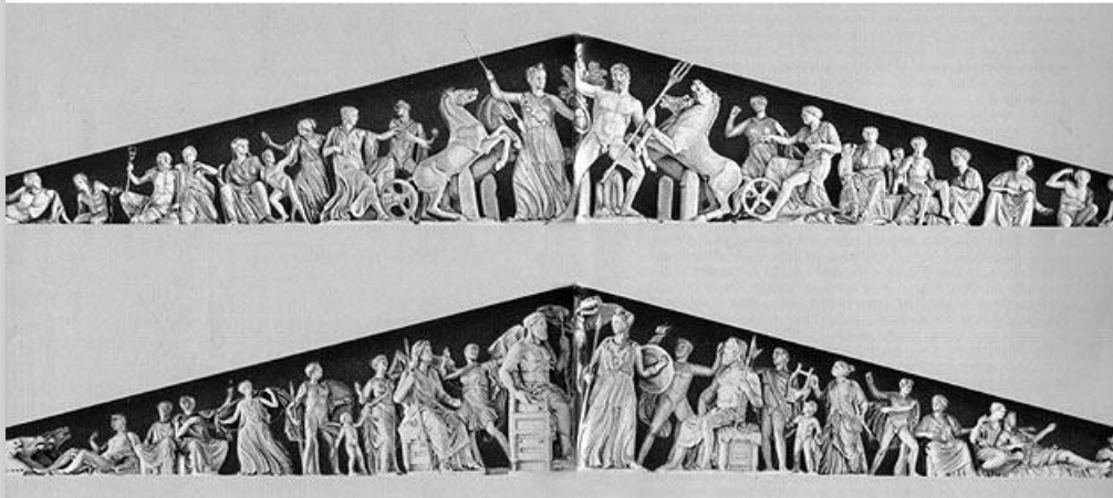 <ul><li><p>These depicted mythological events from the life of the Goddess Athena: </p></li><li><p>On the West side, she’s contesting Poseidon (God of the sea) for the patronage of the city (Athens). </p></li><li><p>On the east sid8e, it shows her birth and the rest of the Gods receiving the news: Zeus, her father, is located in the middle. </p></li></ul>