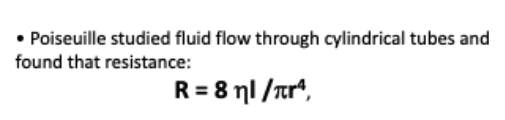 <p>n the circulation, n and l are essentially constant, but r can change owing to vasoconstriction and vasodilation</p><ul><li><p>Since r is raised to the 4th power, a small change in radius has a large effect on flow; e.g. a 5% increase in radius produces &gt; 20% increase in flow at the same P</p></li></ul><p></p>
