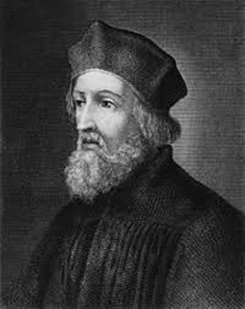 <p>(1374-1415) the chancellor of the university at Prague leading a group of Czech reformers; in his call for reform, he urged the elimination of the worldliness and corruption of the clergy and attacked the excessive power of the papacy within the Catholic church; arrested by the Council of Constance and burned at the stake for heresy in 1415-- this began revolutionary upheaval in Bohemia and the Hussite wars until 1436</p>