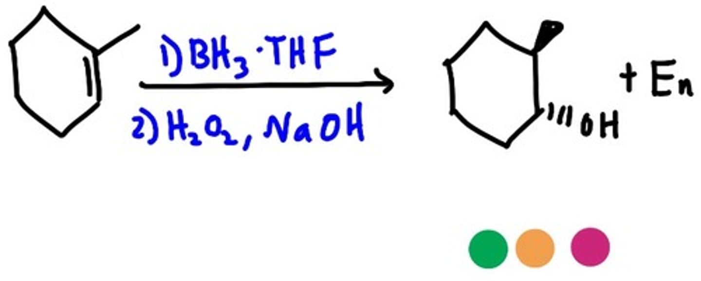 <p>Syn/cis/no mark (SN1 - one step)</p><p>Alkene + BH3 -+ THF -&gt; oraganoborane --&gt; H2O2 +NaOH +H2O --&gt; alkane alcohol</p><p>(steric crowding relevant because no carbocation forms so BH2 adds to the less substituted C)</p>