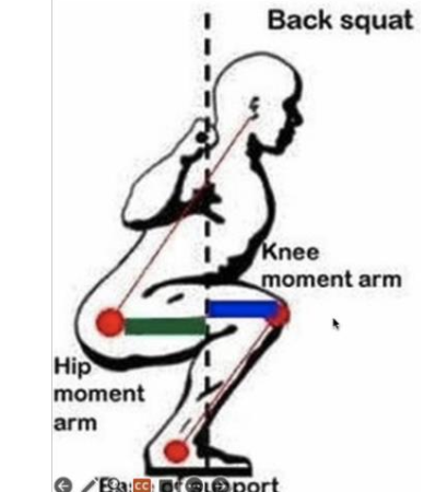 <p>Keep the <strong>knees behind the toes</strong> to decrease the moment arm for the quadriceps and increase the moment arm for the hip extensors, shifting force transmission to the hips</p>