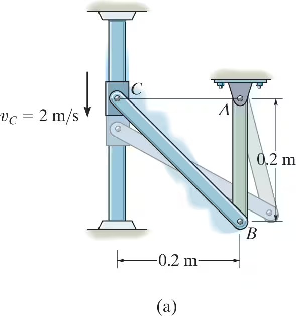 <p>The collar <em>C</em> in Fig. 16–16<em>a</em> is moving downward with a velocity of <span> 2 m/s</span>. Determine the angular velocity of <em>CB</em> at this instant</p>