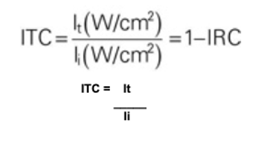<p>Quantifies the fraction of the intensity that is transmitted through the boundary or medium. </p><p><span>—&gt;the transmitted intensity (It) is divided by the incident intensity (Ii)</span></p>