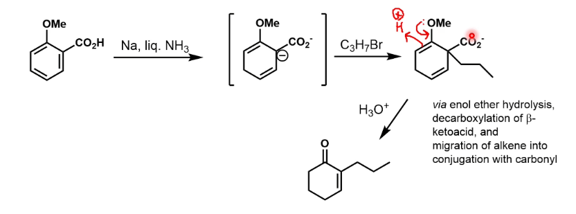 <p>Both FGs direct the negative charge to the same spot. This reaction has no added alcohol as the proton comes from the carboxylic acid. The final product is formed via a multitude of steps.</p>