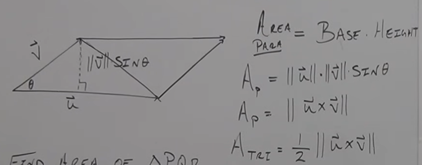 <p>magnitude of cross product</p><p>magnitude of cross product / 2</p>