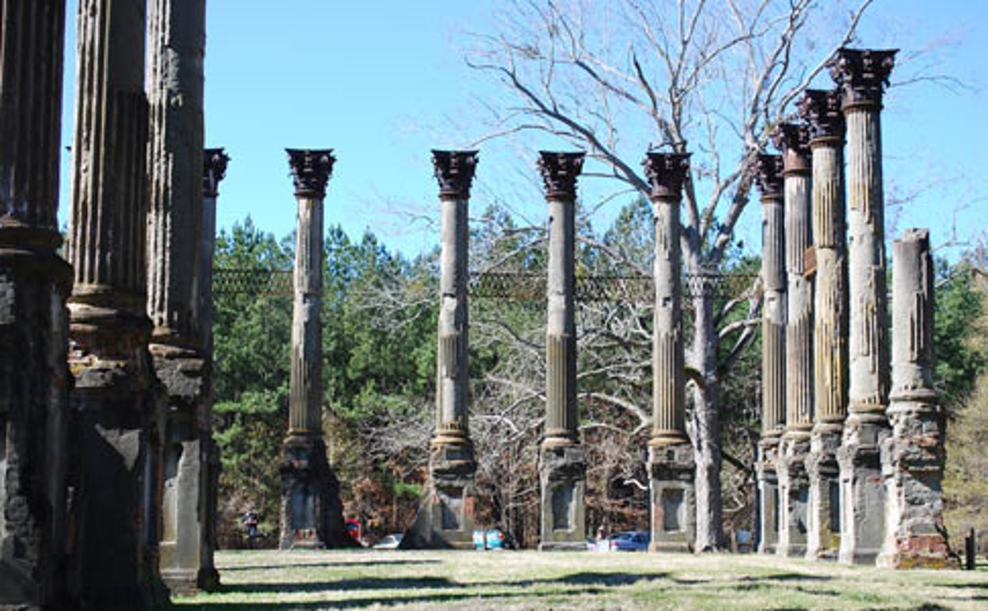 <p>23 standing Corinthian columns of the largest antebellum Greek Revival mansion ever built in the stat</p>