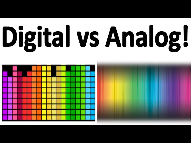 <p>Analog: Any value within a given range</p><p>Digital: A value represented by a number of discreet or separate levels</p><p>Analog: Can display anything</p><p>Digital: Can only display certain values</p>