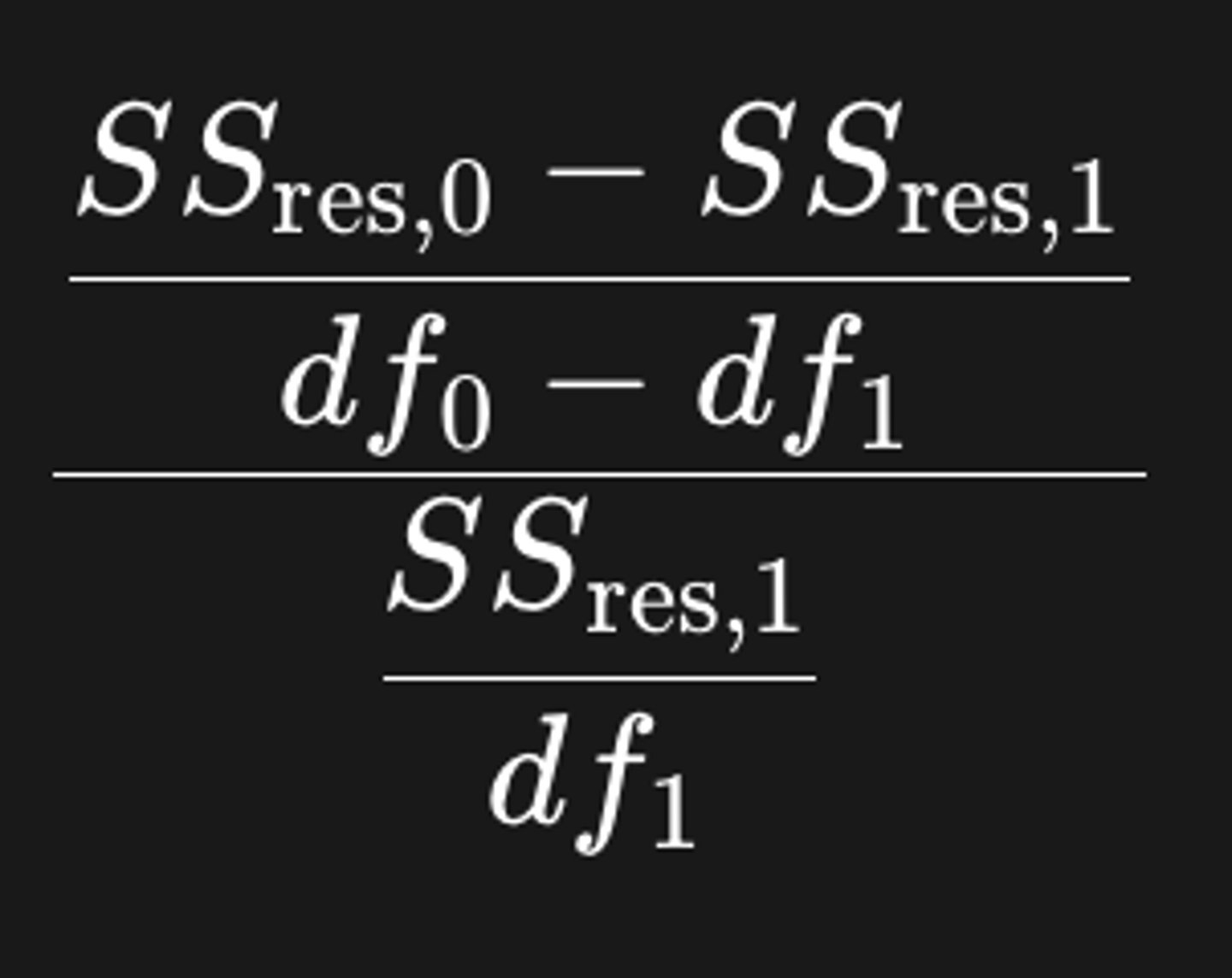 <p>van de: </p><p>- meeteenheid</p><p>- steekproefgrootte</p><p>- aantal parameters van de modellen</p><p>-> dus het is onmogelijk om het verschil SSres0 en SSres1 rechtstreeks te interpreteren. </p><p>-> daarom: invloeden neutraliseren door het berekenen van de verhouding:</p>