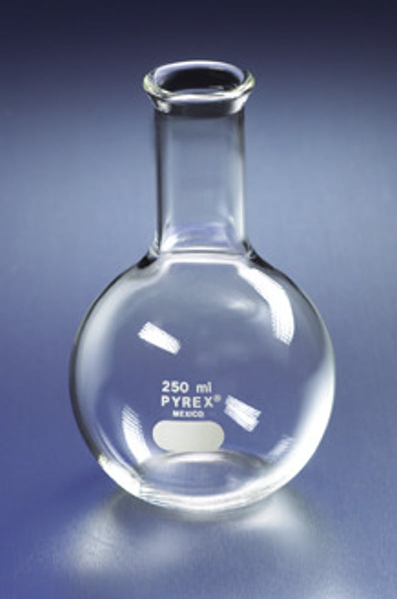 <p>round bottom glassware used to store and heat solutions</p>