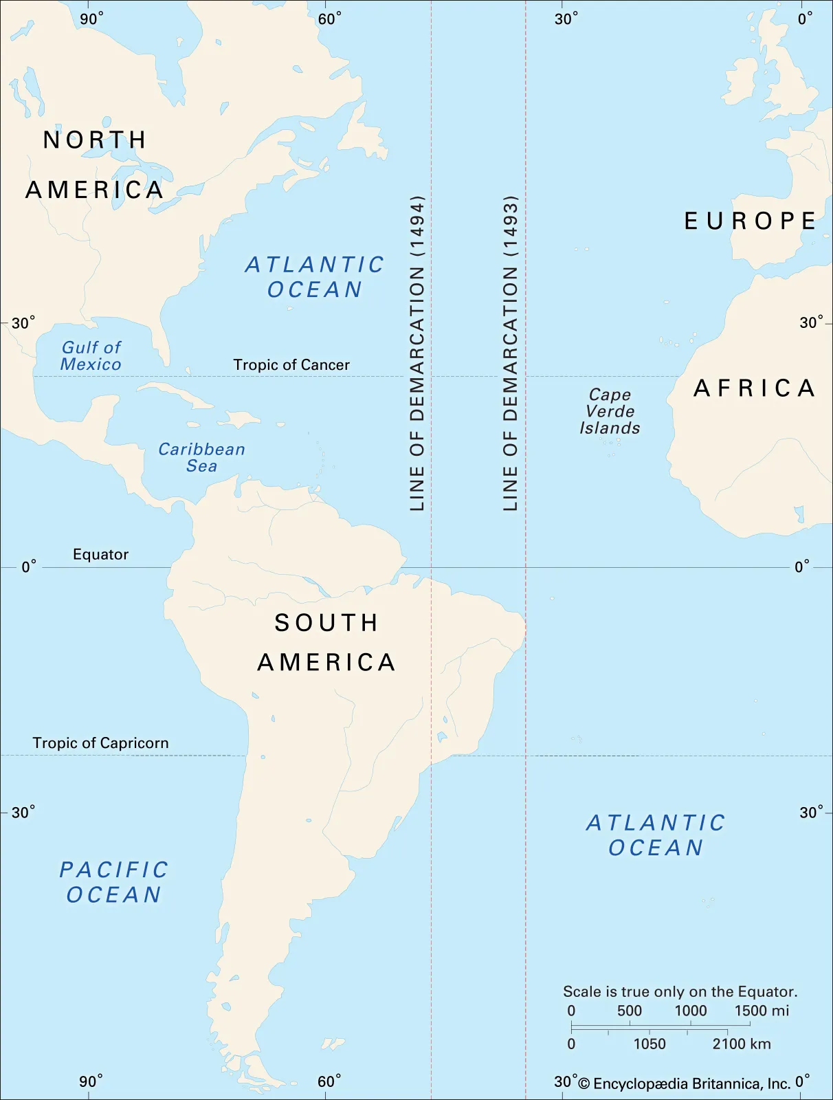 <p>An Agreement between Portugal and Spain that created an imaginary line in the Atlantic Ocean which divided newly discovered lands between them, in order to avoid conflict between nations. West of the line was Spains territory and east was Portugal’s </p>