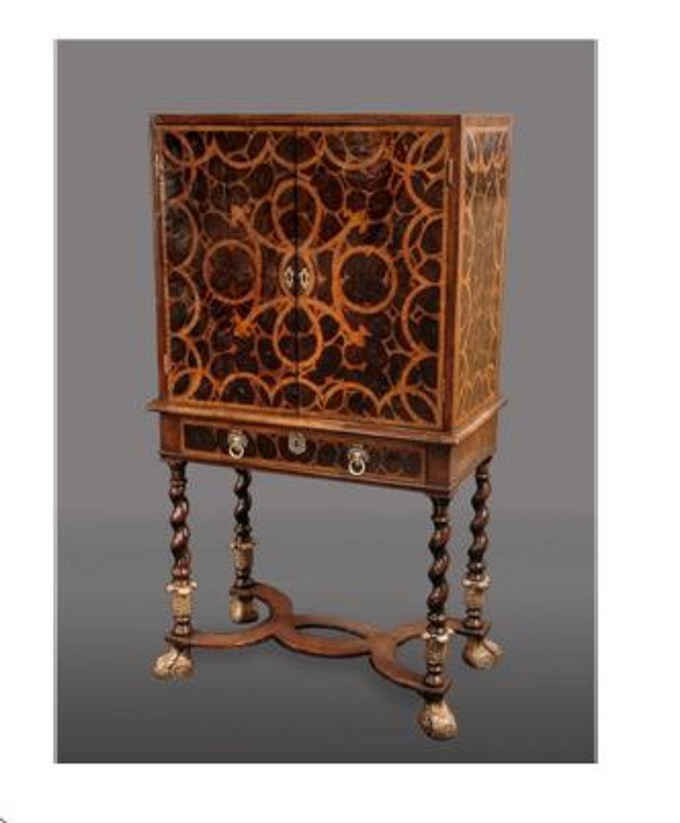<p>cabinet on top of stand</p><p>spiral turned legs</p><p>flat stretcher</p><p>bun foot</p><p>veneers and marquetry</p>