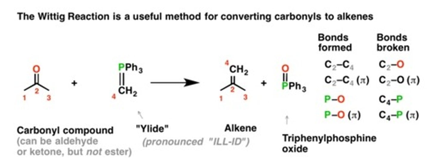 <p>WITTIG REAGENT</p><p>Ketone or aldehyde- carbon to a double bond</p><p>"Please make the double bond"</p><p>**If you write this as a reagent: alkyl halide + Ph3P + n-butyl lithium</p>