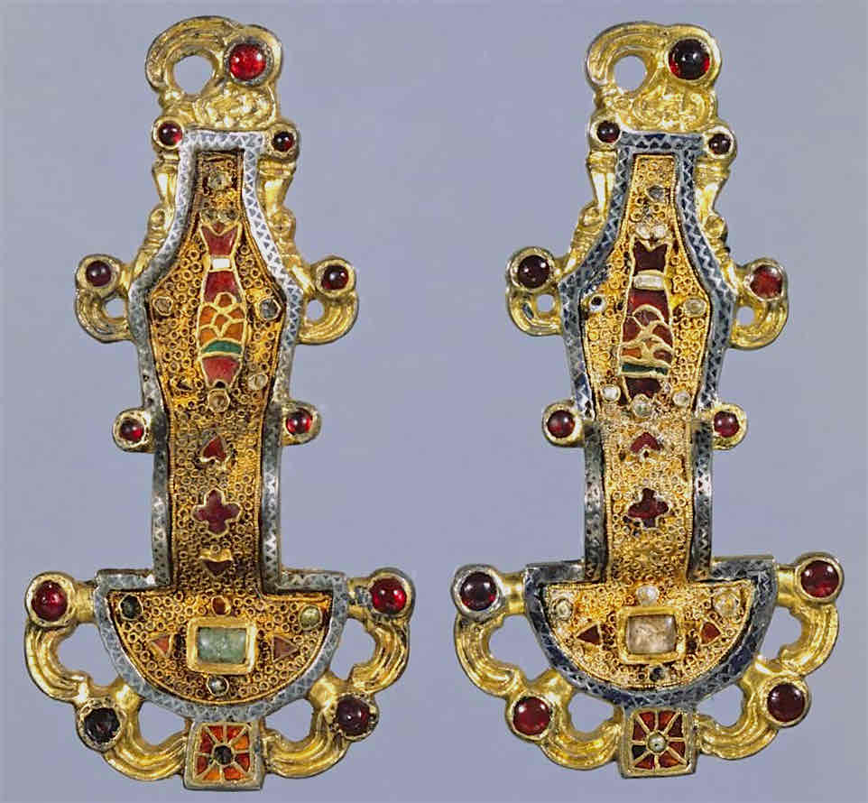 <p><strong>Fibulae</strong></p><p>Early Medieval Europe</p><p>6th century</p><p>Silver gilt worked in filigree, with inlays of garnets and other stones</p>