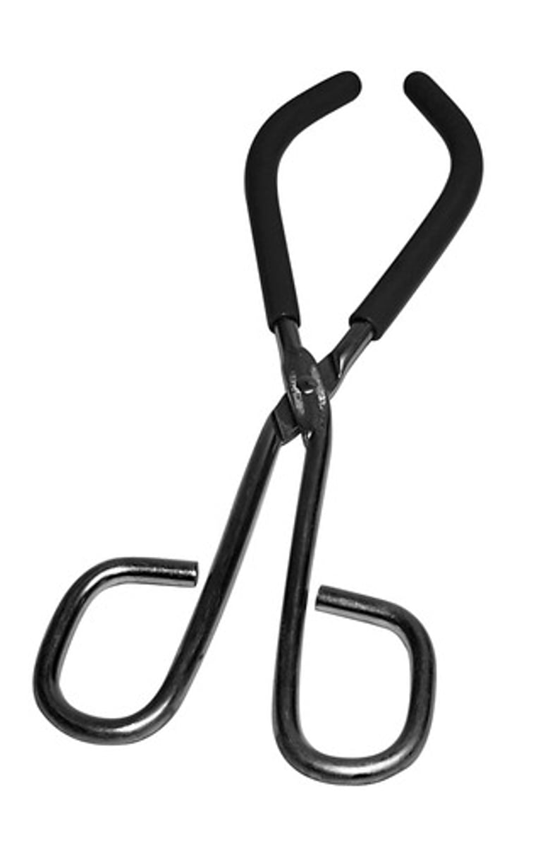 <p>An instrument with two movable arms that are joined at one end, used for picking up and holding hot beakers.</p>