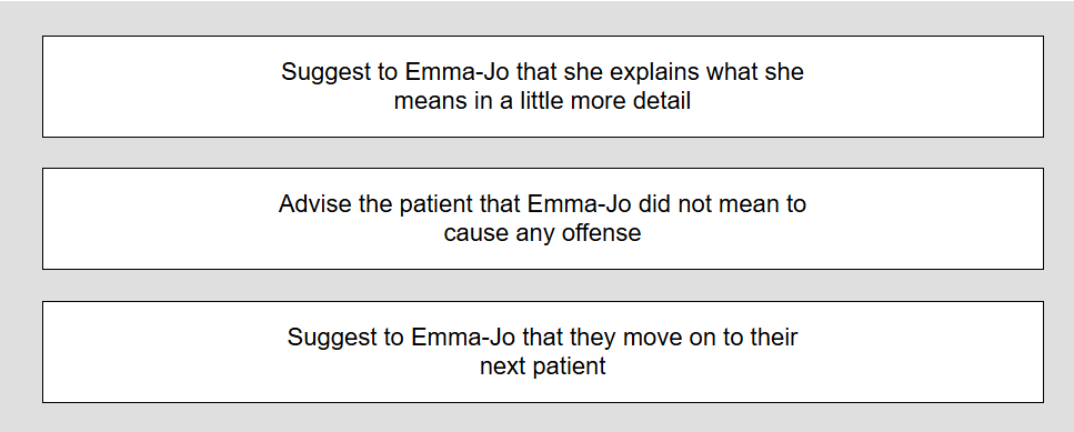 <p>Two medical students, Rhiannon and Emma-Jo, have just finished interviewing and examining a male patient. During their conversation with him, the patient mentioned that he has a husband. Before they leave the patient, Emma-Jo tells him that she is a member of a faith group who can offer help to individuals in understanding their sexuality. She suggests to the patient that he should consider contacting them. The patient looks angry.</p><p style="text-align: left;">Choose <strong>both </strong>the <strong>one&nbsp;most appropriate</strong>&nbsp;action <strong>and </strong>the <strong>one&nbsp;least appropriate</strong>&nbsp;action that <strong><u>Rhiannon</u>&nbsp;</strong>should take in response to this situation.</p><p style="text-align: left;">You will not receive any marks for this question unless you select <strong>both </strong>the most and least appropriate actions.</p>