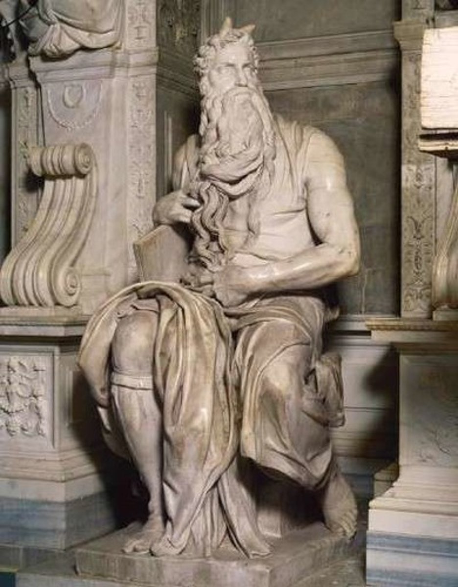 <p>Artist: Michelangelo</p><p>Location: San Pietro in Vincoli on the Esquiline in Rome</p><p>Medium: Marble</p><p>Patron: Julius II</p><p>Important Info:</p><p>*Why did the artist make this work? for Pope Julius's tomb* </p><p>*Why does the figure have horns? chapter 34 of Exodus in the Vulgate (latin Bible)*</p><p>*What is he holding in his hands? his beard and the tablets of law* TERRIBILITÀ</p>