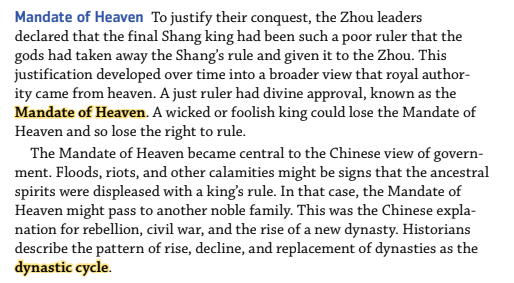 <ul><li><p><span><span>an ancient Chinese philosophical and political concept that was used to legitimize the rule of the king or emperor of China</span></span></p></li></ul><p></p>