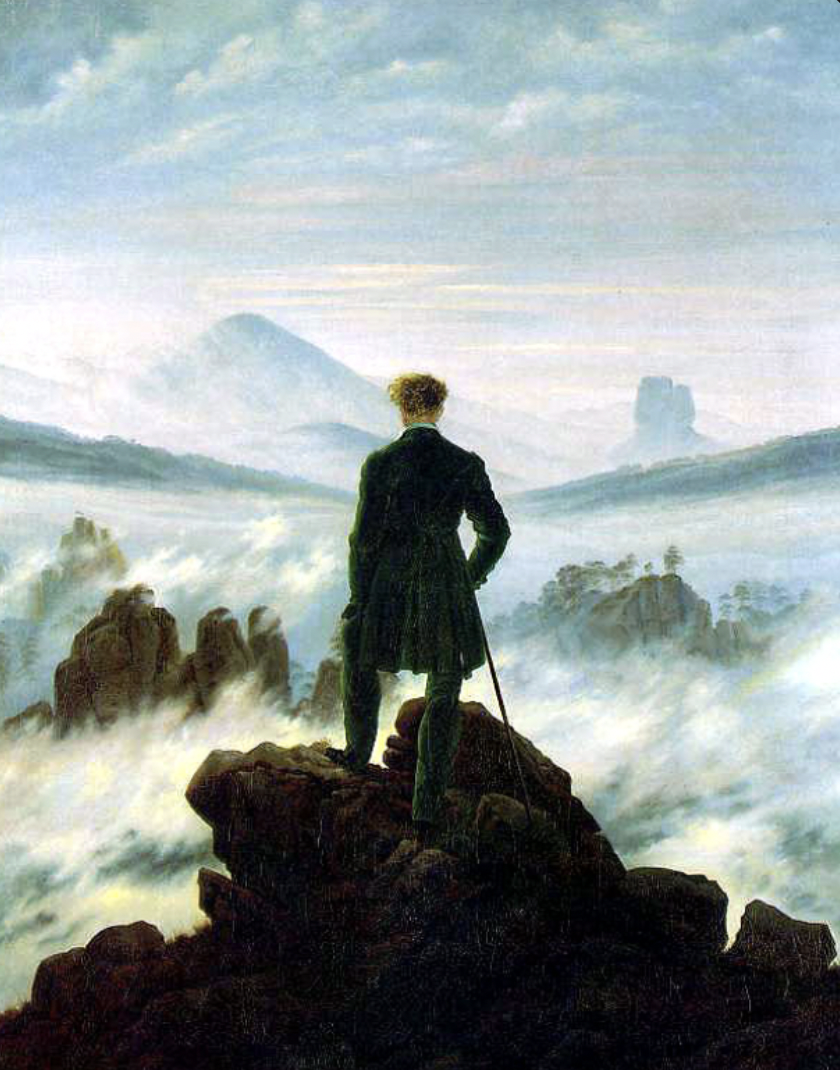 <ul><li><p>isolated frail man (cane)</p></li><li><p>Friedrich</p></li><li><p>nature stuff, vast, sublime</p></li><li><p><strong>ruckenfigure</strong>: person viewed from behind</p></li><li><p>maybe self-portrait</p></li><li><p>Germany</p></li><li><p>romantic</p></li></ul>