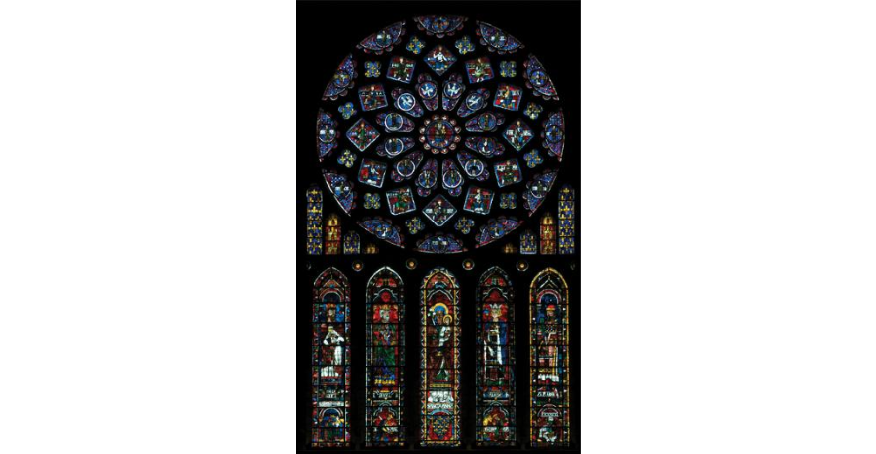 <p><em>Chartres Cathedral</em></p><p>Chartres, France</p><p>1145—1120 CE</p><ul><li><p>rose window: Old Testament prophets/kinds surrounding Mary and Jesus</p></li><li><p>geometry used; drawing/rotating squares within the circle</p></li></ul><p></p>