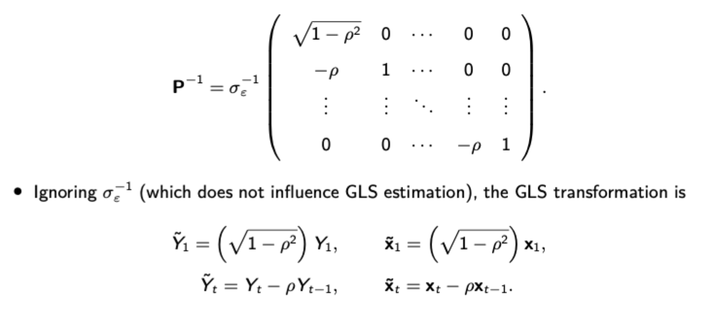 <ol><li><p>Run OLS on Y = Xbeta + epsilon to obtain residuals</p></li><li><p>Estimate an AR coefficient by regressing residuals at t on residuals at t-1</p></li><li><p>Perform the pictured GLS transformation with your estimated p</p></li><li><p>Run OLS on the transformed data</p></li></ol><p>This is Prais-Winsten estimation, if we ignore the first observation which needs a different transformation, we run the Cochrane-Orcutt procedure.</p><p></p>
