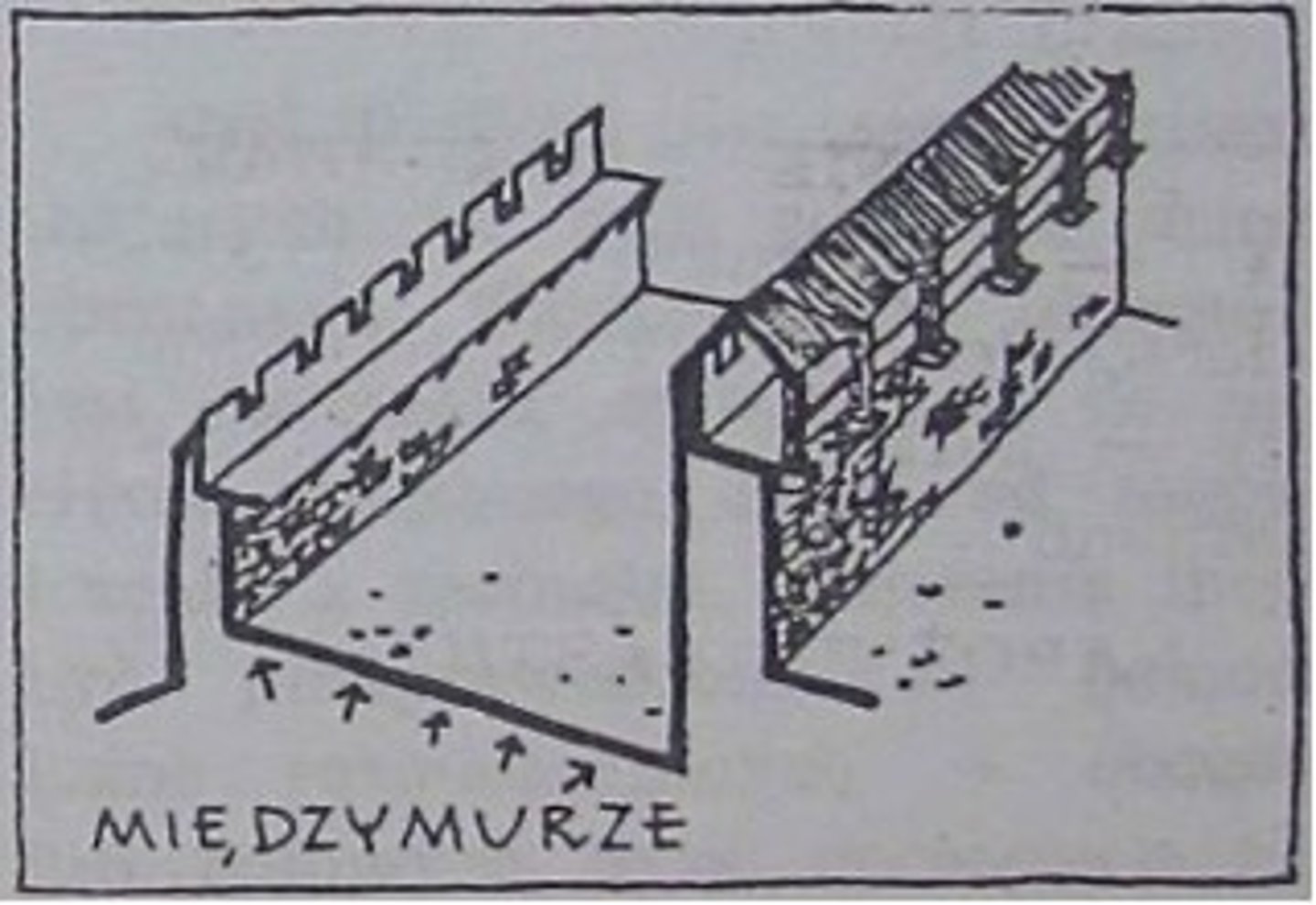 <p>niezabudowany teren położony pomiędzy wewnętrznym, a zewnętrznym pierścieniem umocnień murowych miast i zamków ( ZWINGER - międzymurze w centrum Drezna)</p>