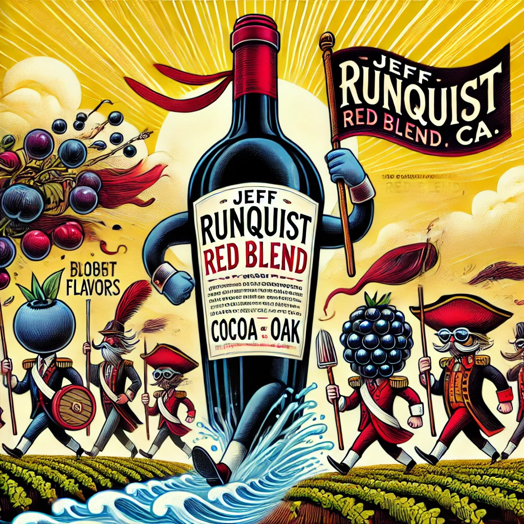 The scene showcases dark berry characters leading a lively parade with banners of cocoa and oak, while a smooth wine river with robust waves flows through. A towering wine bottle with a commanding presence leads the parade, and the lingering finish is depicted as a golden trail stretching into the horizon. This vibrant and dramatic depiction captures the wine's bold character and rich depth.