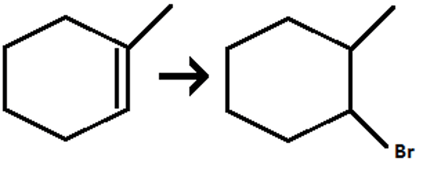 <p>(hydrohalogenation) anti-markovnikov addition of H and Br</p>