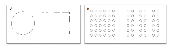 <p>Which t<em><span>wo Gestalt principles of organization are depicted below</span></em>? Describe how we perceive the figures, and how the Gestalt princple influences this process.</p>