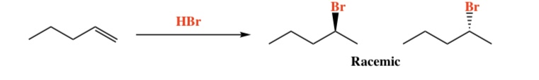 <p>Intermediate: Carbocation (rearrangement possible) Regiochemistry: Markovnikov (X) Stereochemistry: Mixed</p>