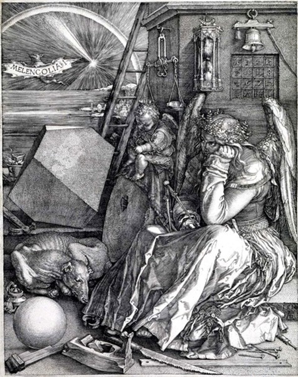 <p>In one of his most famous engravings Dürer explores the nature of artistic creativity. Which of these is an example of this? (test will ask which do not)</p>