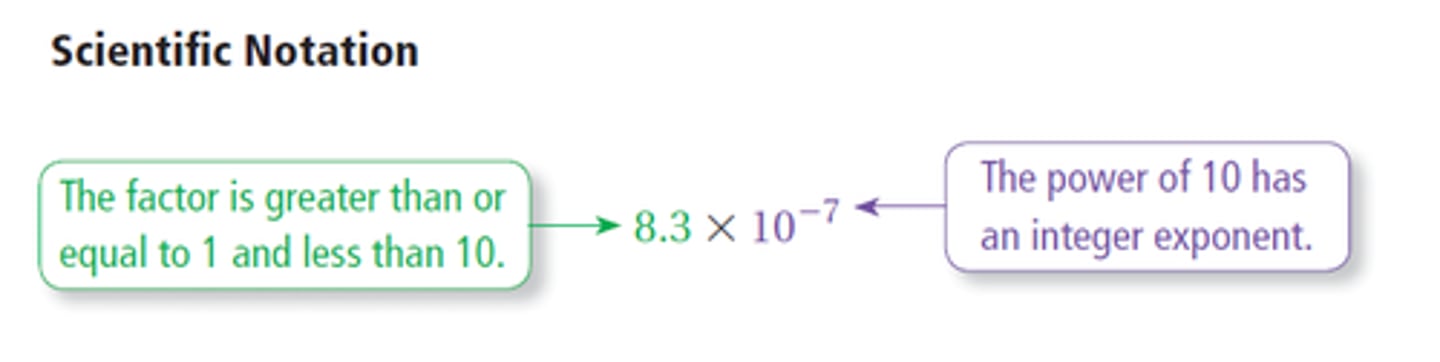 <p>A number is written in scientific notation when it is represented as the product of a factor and a power of 10. The factor must be greater than or equal to 1 and less than 10 .</p>