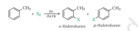 <p>Halogenation of benzene (or) benzene derivative</p><p>Every electrophilic substitution requires a lewis acid</p><p></p><p>1) benzene + Cl₂ → [anhydrous AlCl₃] chlorobenzene + HCl</p><p>2) (image)</p><p>para - major product</p><p>ortho - minor product</p><p></p><p>3) Nitro benzene + Br₂ → [FeBr₃] m-<span>bromo nitro benzene</span></p><p></p><p>If the functional group is ortho/para director, the halogen attaches  in ortho/para positions</p><p>If the functional group is meta director (next flashcard), the halogen attaches in the meta position</p>