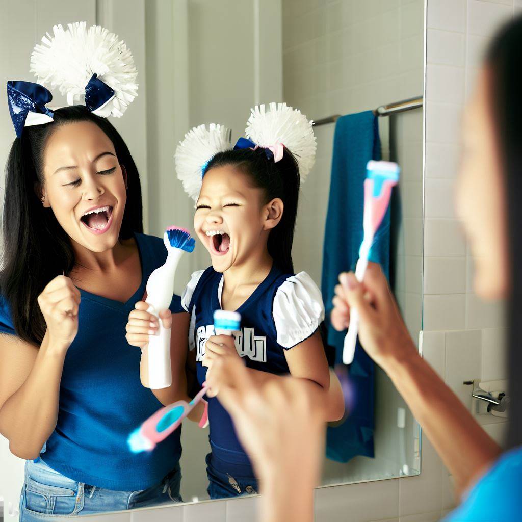 <p>歯を磨いている時に母親がエールを送ってくれる。 My mom _____ me _____ when I&apos;m brushing my teeth.</p>